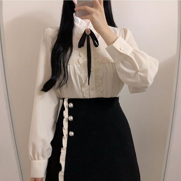 

dingaozlz elegant female long sleeve lace korean fashion lace stitching women fashion casual clothing chiffon blouse shirt, White