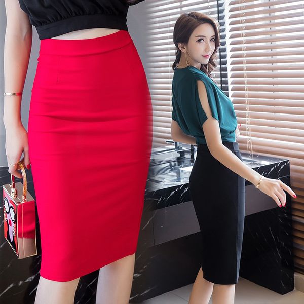 

women's temperament full split half-length skirts high waist shows thin large size elastic wrap hip skirt one-step skirt, Black