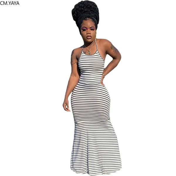 

cm.yaya лета женщин sexy party streetwear полосатый спагетти ремень рукавов открыть назад bodycon midi русалка длинные платья макси, Black;gray