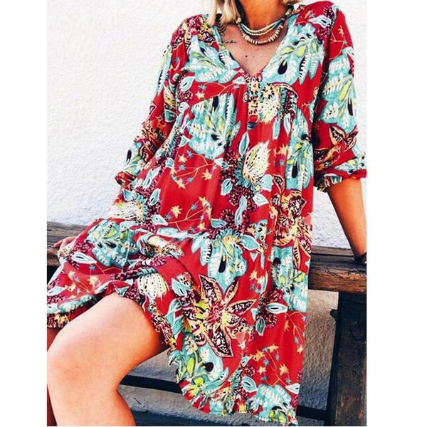 

women print dress fashion loose casual lady v neck long sleeve floral print summer autum dress vestido, Black;gray