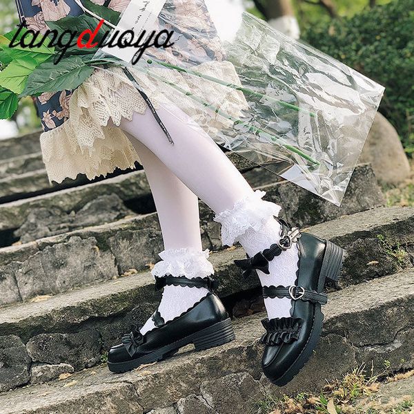 

japan anime lolita shoes casual preppy girls female lady cosplay lolita student uniform shoes cute bow low heel round head black