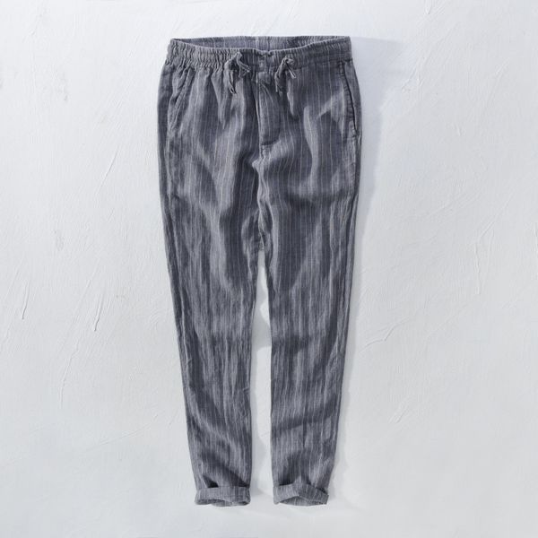 

2019 new casual loose linen trousers men stripe erkek pantolon, Black