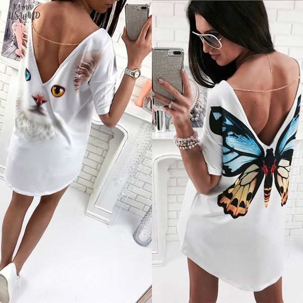 

2020 casual cat butterfly printed o neck v backless short sleeve loose white mini dress shirt dresses womens fashion dresses summer women, Black;gray