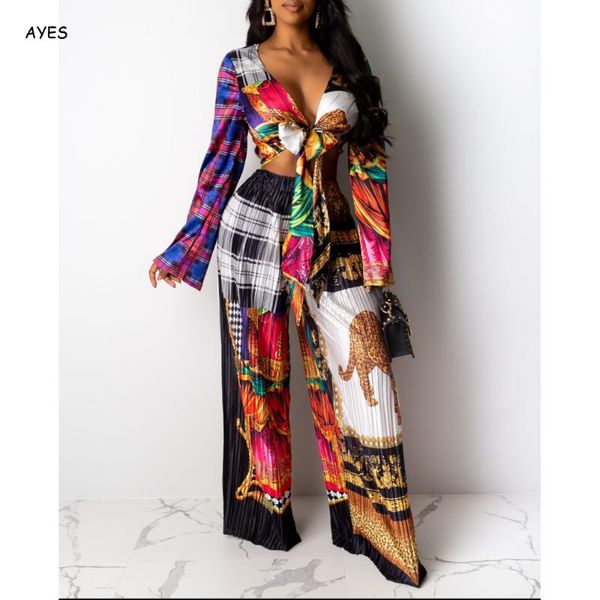 

fashion women two piece sets color print long sleeve bowknot wide leg pants 2020 vogue summer autumn women set outfit suit, White