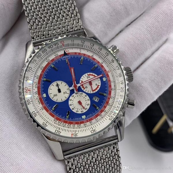 

rotating bezel navitimer 1 chronometer quartz mens watch contrasting working subdials slide rule markers steel mesh bracelet blue dial watch, Slivery;brown