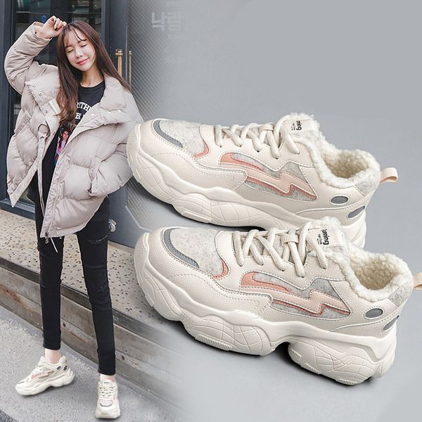 

winter women sneakers flats platform cotton shoes woman fashion casual lace-up non-slip plus velvet to keep warm ladies shoes, Black