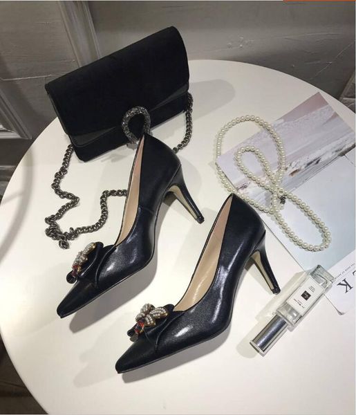 

brand women's leather with high heels with bow metal bee toe red white and black 70mm and 001shallow mouth high heel women's weddi
