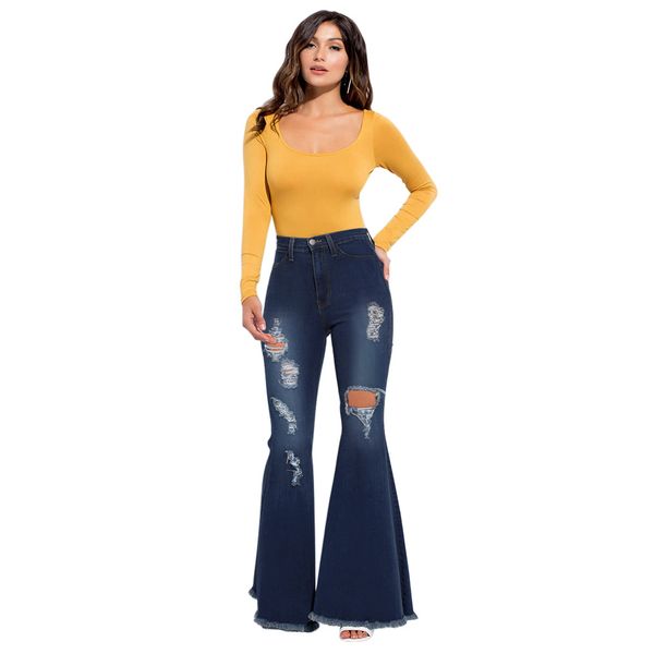 

womens dark blue hole jeans woman flare high waist light washed demin pants woman fashion slim trousers