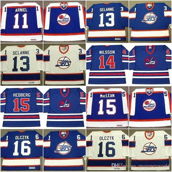 

Winnipeg Jets Jersey 11 SCOTT ARNIEL 1984 13 TEEMU SELANNE 14 ULF NILSSON 1974 WHA ANDERS HEDBERG 1974 Vintage Hockey Jerseys