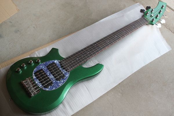 Заводская изготовленная на заказ металлическая зеленая 6-струнная бас-гитара с грифом из розового дерева, хромированная фурнитура, индивидуальные предложения