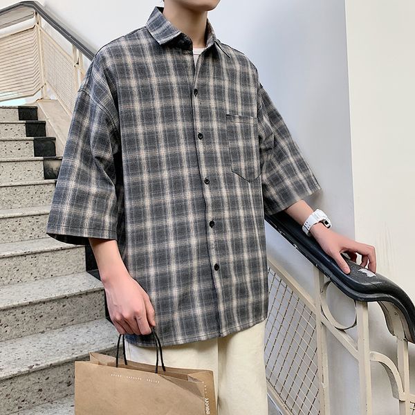 

men's casual shirts 2021 spring and summer korean fashion cotton hip hop lovers plaid cute dating short-sleeved shirt, White;black