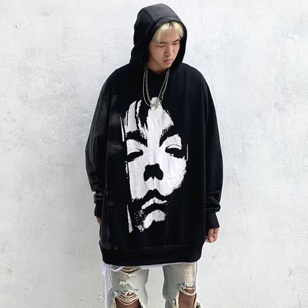 

men gradient print streetwear pullover hooded sweatshirt male high street oversize loose casual hoodie sweatshirt outerwear, Black