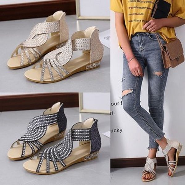 

sandals female 2020 new rhinestone non-slip word buckle side empty roman style sandals, Black