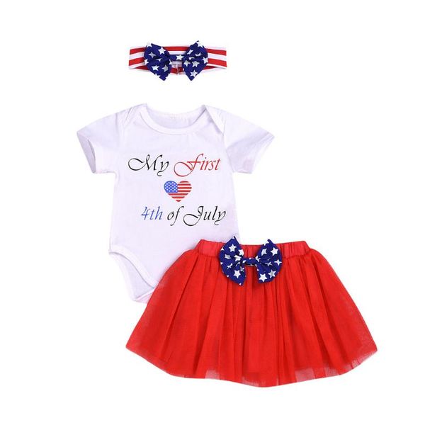 

summer explosion infant girls kancoold independence day letters robe frilled net yarn skirt turban three-piece set, White