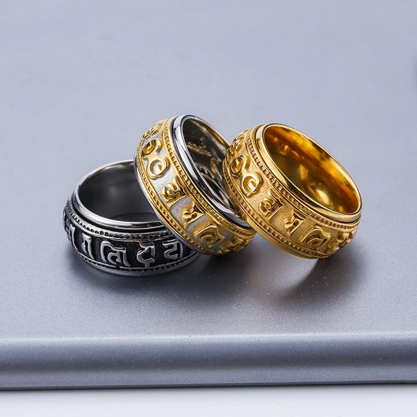 

rotatable man stainless steel six word rotating ring hip hop personality ring genuine gold color plating fashion jewelry, Slivery;golden