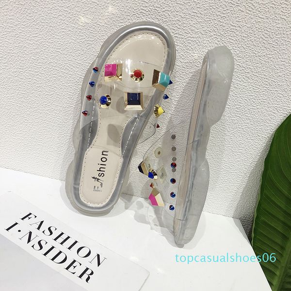 

luxury designer women shoes designer slippers transparent color rivet platform slide lady flip flops studded anti-skid thick bottom t06, Black