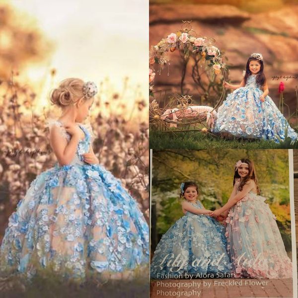 Fotos Reais Princesa Flowes Azul Meninas Vestidos de Concurso Apliques Miçangas Crianças Bebês Vestidos de Festa de Aniversário Vestido de Festa de Casamento