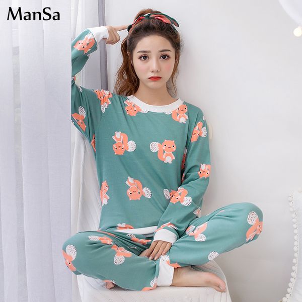 

women pajama sets 2019 spring autumn pajamas long sleeve nightgown cartoon printed cute sleepwear suit young girl pijamas mujer, Blue;gray