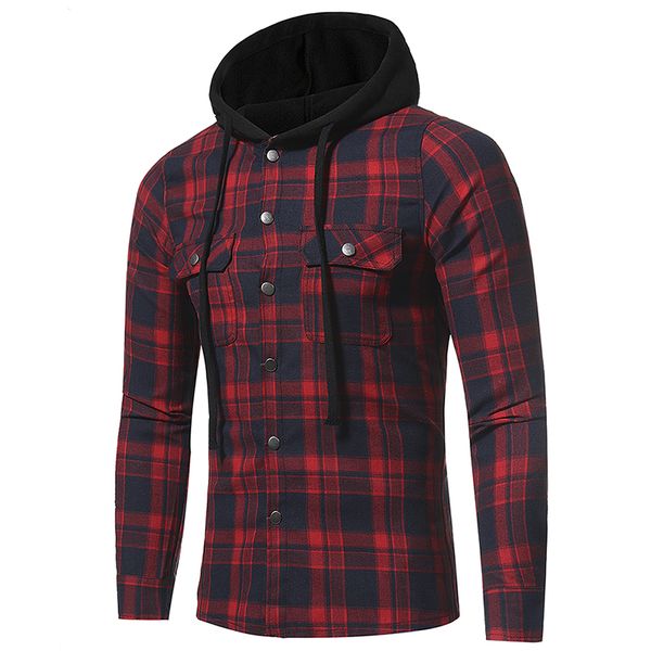 

men casual shirts plaids hooded single breasted shirts autumn spring long sleeved, White;black