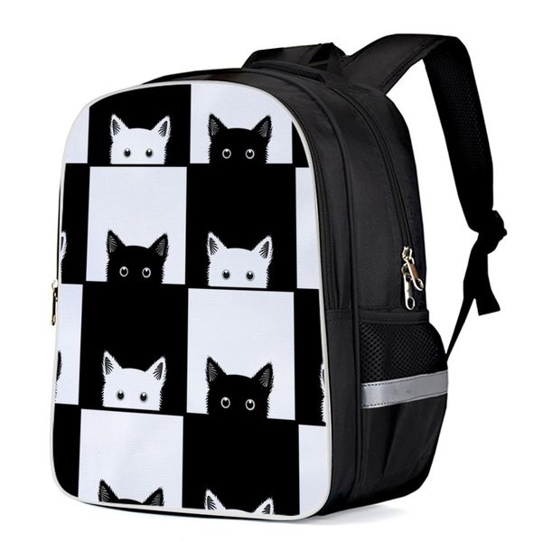 

geometic black white cat backpacks school bag child book bag sports bags bottle side pockets school student silver edge
