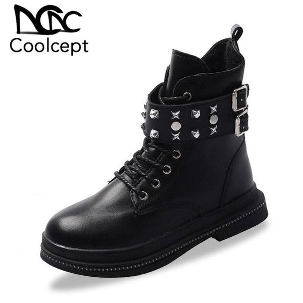 

coolcept platform boots round toe low heel rivet buckle lace up punk gothic shoes women ladies ankle boots black size 35-39