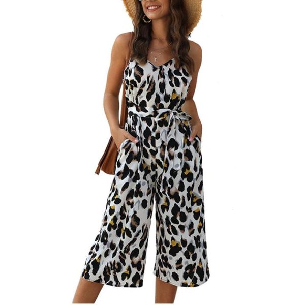 

women leopard bodysuits women sleeveless floarl print wide leg jumpsuit romper, Black;white