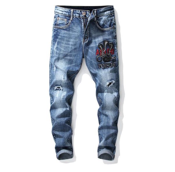 

mens snake embroidery blue skinny jeans fashion designer distressed slim fit motorcycle biker hole beggar hip hop denim pants 1722