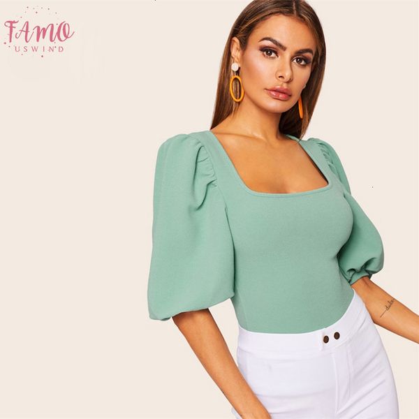 

elegant elastic puff sleeve solid women 2019 summer half sleeve basic trim tee ladies casual square neck, White