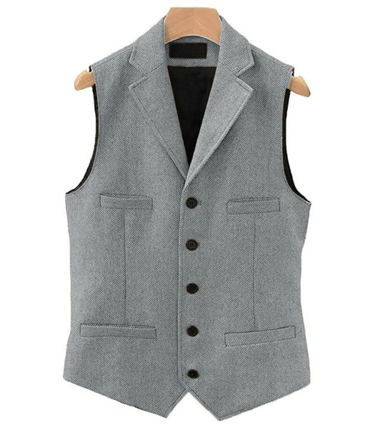 

new herringbone pattern brown vest men's formal business waistcoat notch lapel wool tweed groomsmen vest for wedding, Black;white