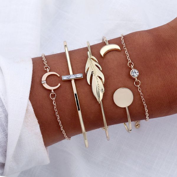 

famshin 5 pcs/set fashion punk gold chain moon leaf crystal geometry open bracelet set women charm beach adjustable bracelet new, Black