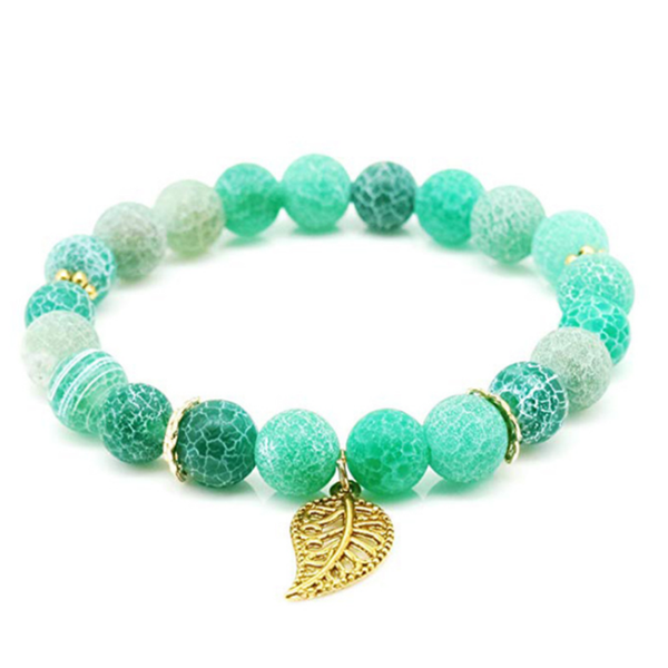 

fyjs unique jewelry light yellow gold color leaf with green weathered agates stretchy bracelet, Golden;silver