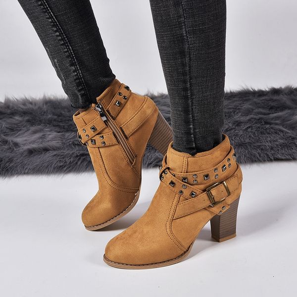 

monerffi high heel women's boots and ankle buckle leopard rivet warm fashion retro pointed 2019 winter new fashion trend, Black