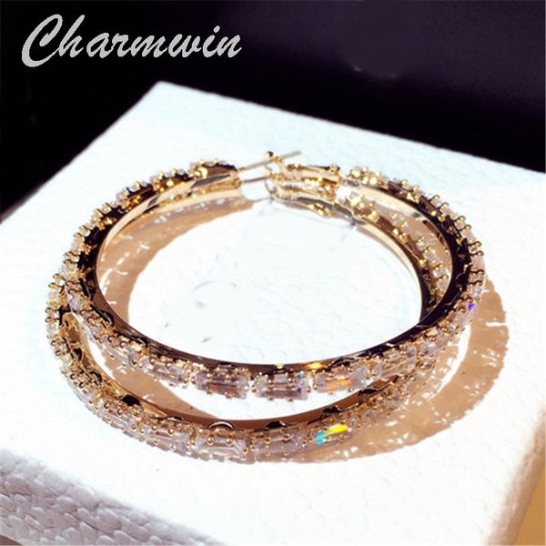 

charmwin new korean silver needle hoop earrings for women big earrings exaggerated long trend circle female pe1906, Golden