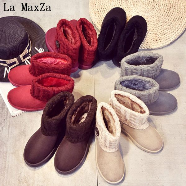 

la maxza women's snow boots winter flanging ankle warm cotton boots wool button flat shoes female high-casual soft, Black