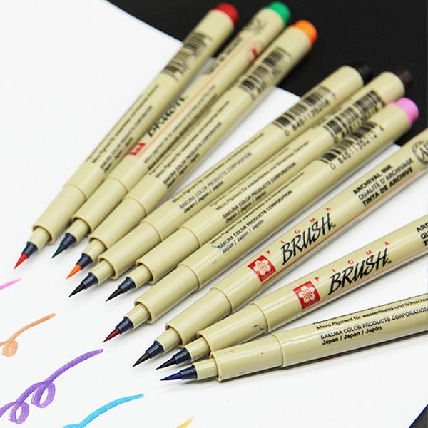 

1pc brand pigma micron fine line pen soft brush xsdk br paintbrush soft watercolor anime 9 colors drawing painting art supplies