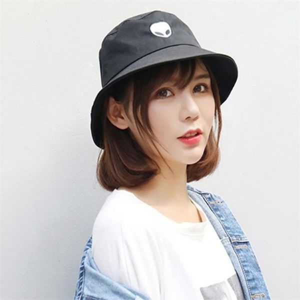 

alien foldable bucket hat double sided pure cotton embroidered basin travel folding student round sun proof fishing hat, Blue;gray