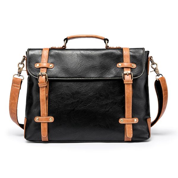 

men retro briefcase business shoulder bag crazy horse pu leather handbag bags 15inch lapmessenger bags men's travel