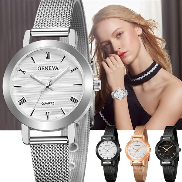 

geneva small dial watch fashion female clocks women luxury stainless steel dress quartz wristwatch elegant lady silver watches, Slivery;brown