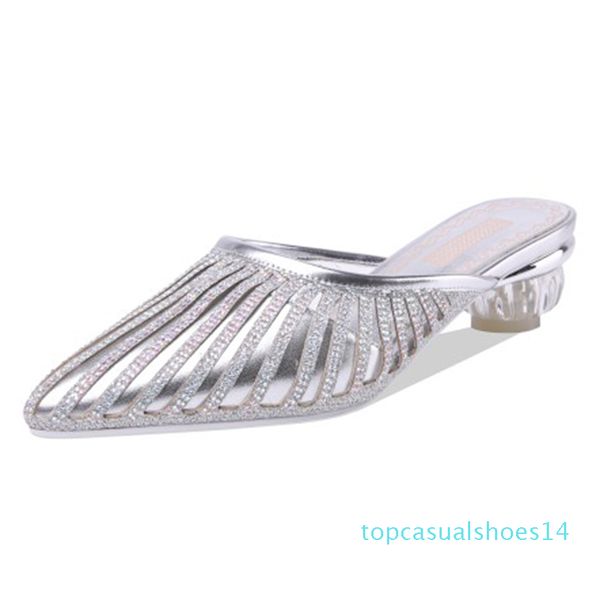 

2019 summer women mules genuine leather fashion bling mules pointed toe 2.5 cm bling heels summer slippers outdoor t14, Black