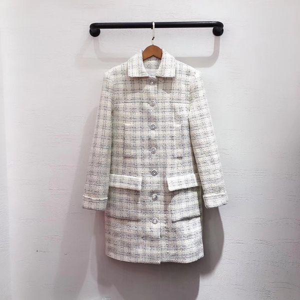 

long wool blend coat women fall winter long sleeve pockets coat office ladies plaid overcoat, Black