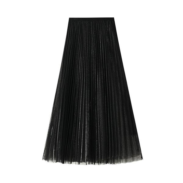 

mesh skirt women's long spring korean-style high-waisted slimming drape mesh pleated skirt, Black