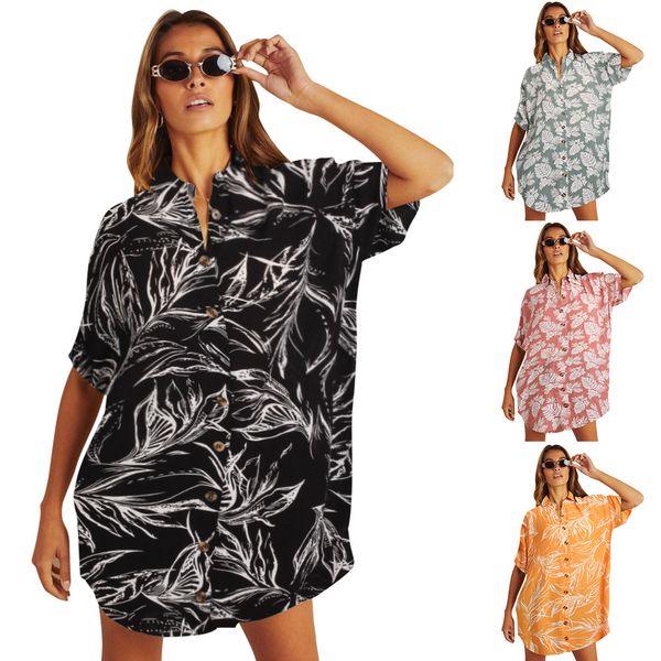 

2020 summer european women's leaves print loose shirt short sleeve cross-border casual blouse, White