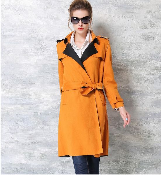 

2017 girls fashion slim winter trench soft yellow coats women's quality autumn quality design long outerwear clothing xl  #w128, Tan;black