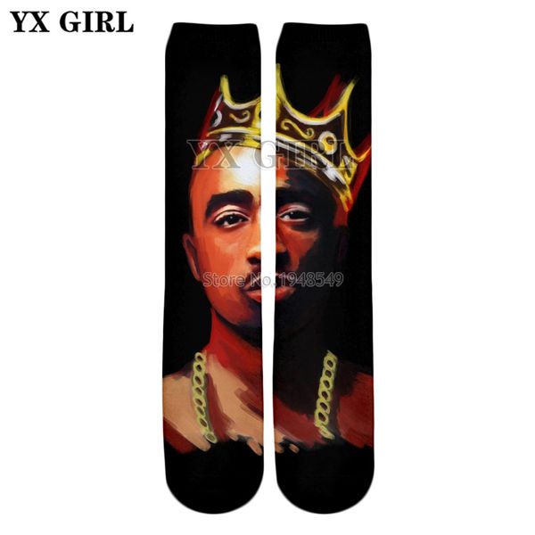 

yx girl drop shipping 2018 новая мода мужские гольфы рэпер 2pac тупак 3d печать мужские женские хип-хоп стиль носки, Black