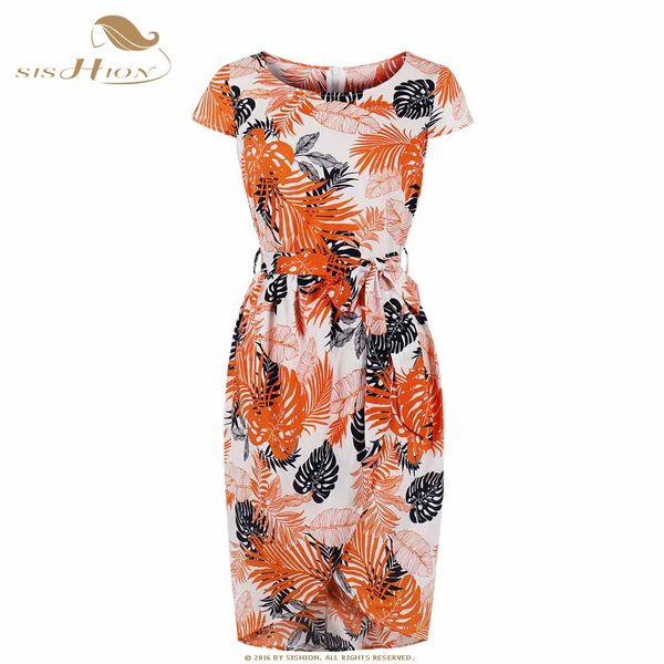 

sishion women summer dress 1768 short sleeve orange leaves print vintage pencil vintage elegant office ladies dress, Black;gray