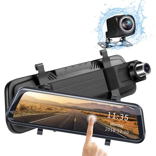 

10" streaming video camera rear view mirror 2ch car dvr recorder fov 170Â° + 145Â° full hd 1080p with 2.5d curved anti-glare glass