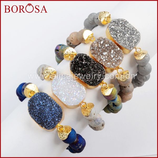 

borosa 5pcs new gold color titanium druzy bracelet with 10mm beads mixed colors bracelets jewelry gems bangle for women g1536, Black