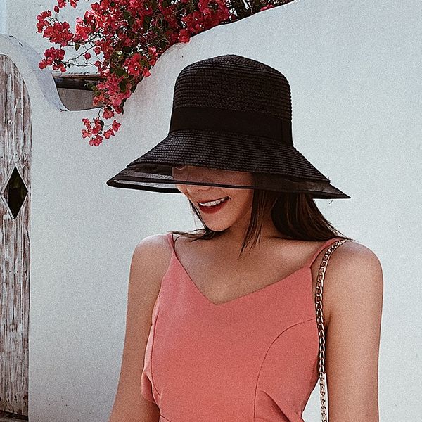 

female sunscreen straw sunscreen woven basin all-match beach mesh big eaves straw hat sun hat, Blue;gray