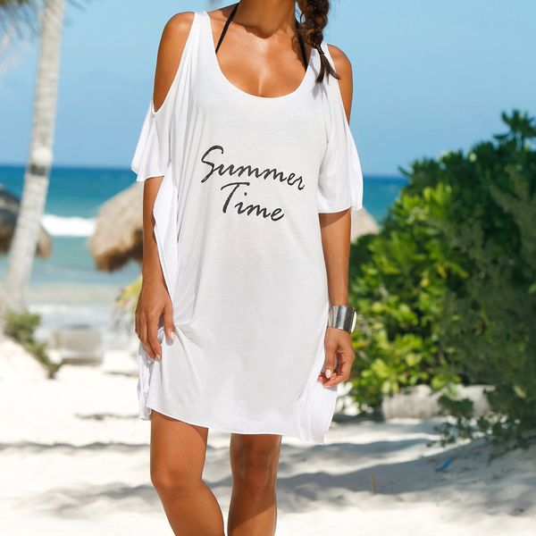 

white beach dress off shoulder letters print swimwear bikini cover-ups women o-neck batwing sleeve summer beachwear cover f630, Blue;gray