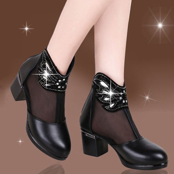 

summer 2020 new net boots thick heel water drill mother sandals middle heel breathable zip cool boots female, Black